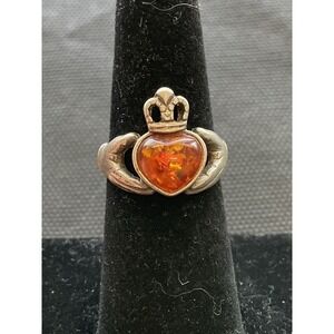 Sterling Silver 925 Amber Gemstone Irish Claddagh Ring Size 5.75 Vintage